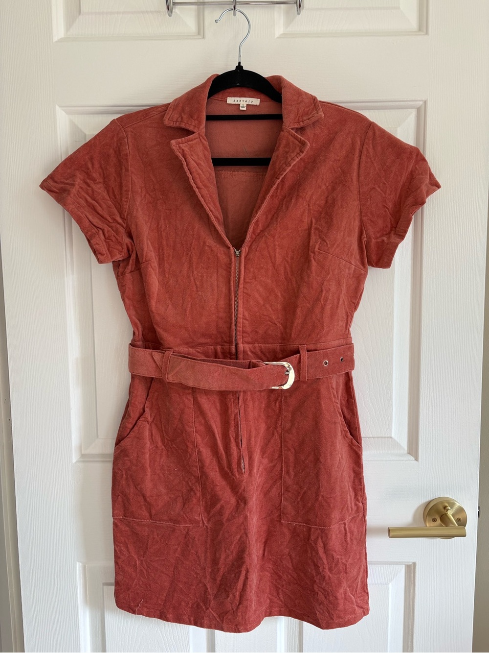 Short Zip-Front Belted Mini Dress in Rust